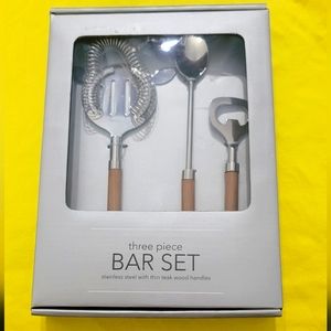 Stainless steel bar set with thin teak handles wood.